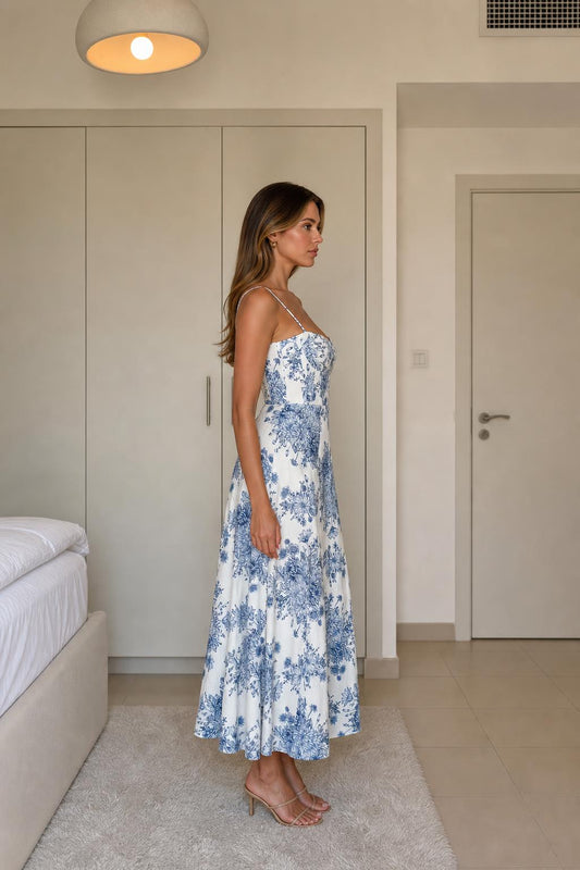 Side view of White & Blue floral midi dress