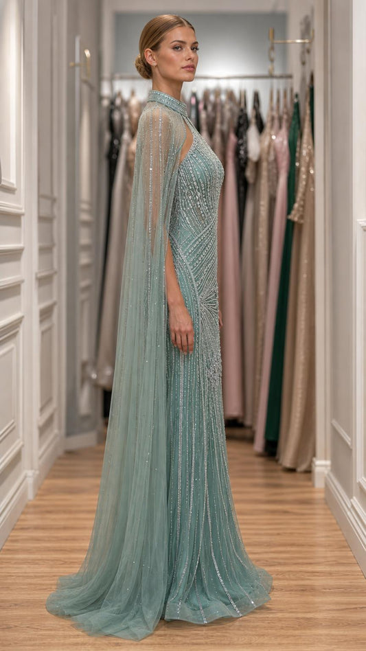 Side profile of model in sage green formal cape dress