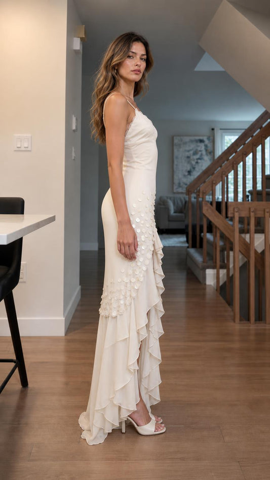 Side profile view of White maxi dress