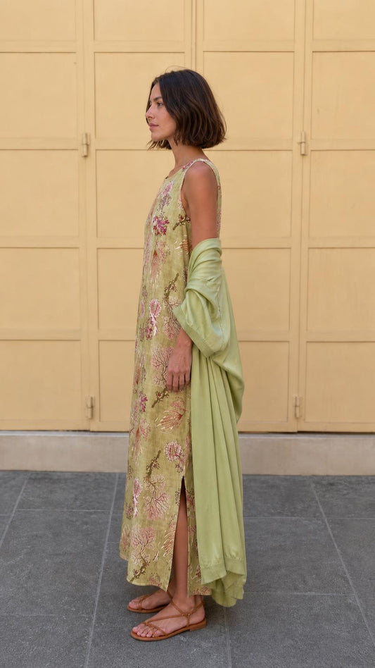 Side profile of model in olive floral maxi dress showing side slit