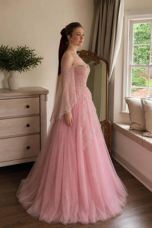 Pink ball gown side profile showcasing silhouette