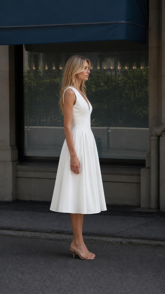Side profile view of the white midi dress