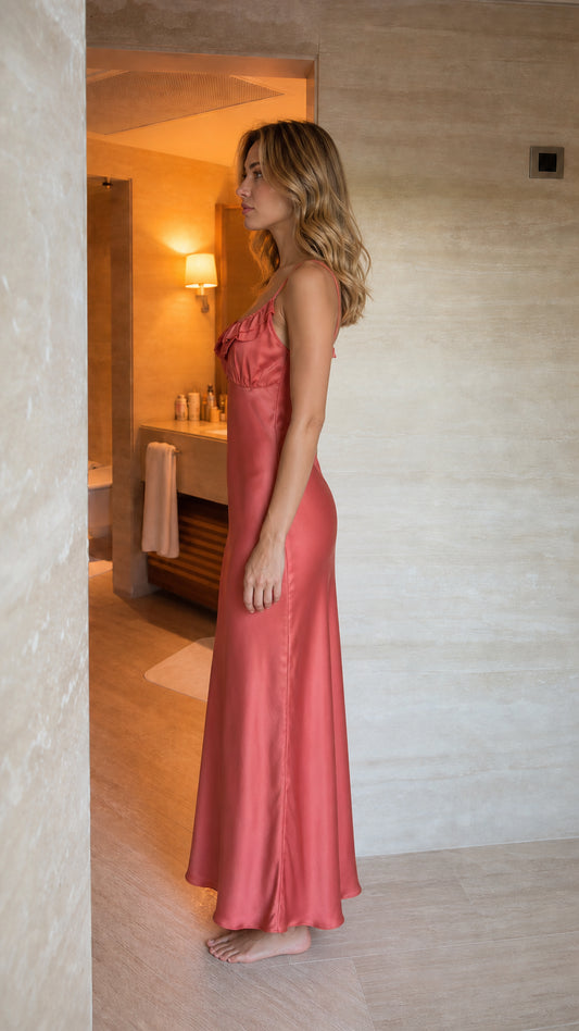 Satin Ruffle Trim Maxi Slip Dress