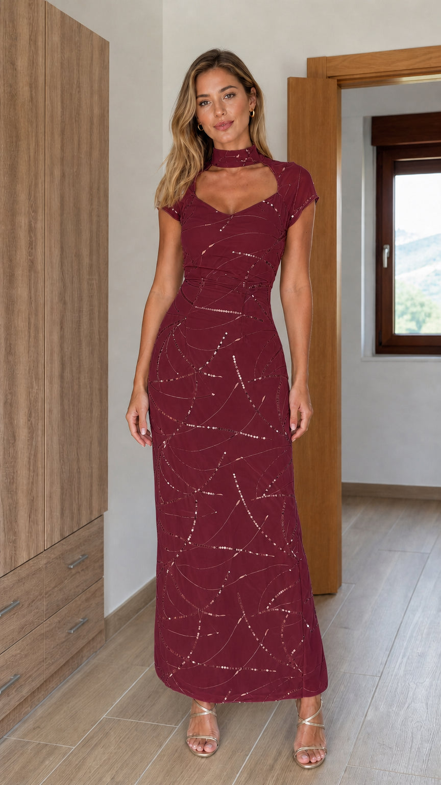 Front view of burgundy sequined evening dress