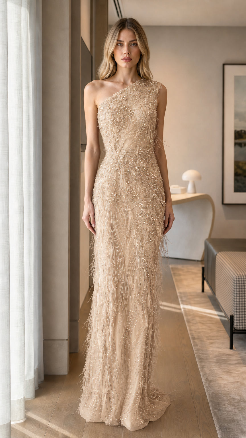 Champagne One-Shoulder Beaded Formal Evening Dress Front View