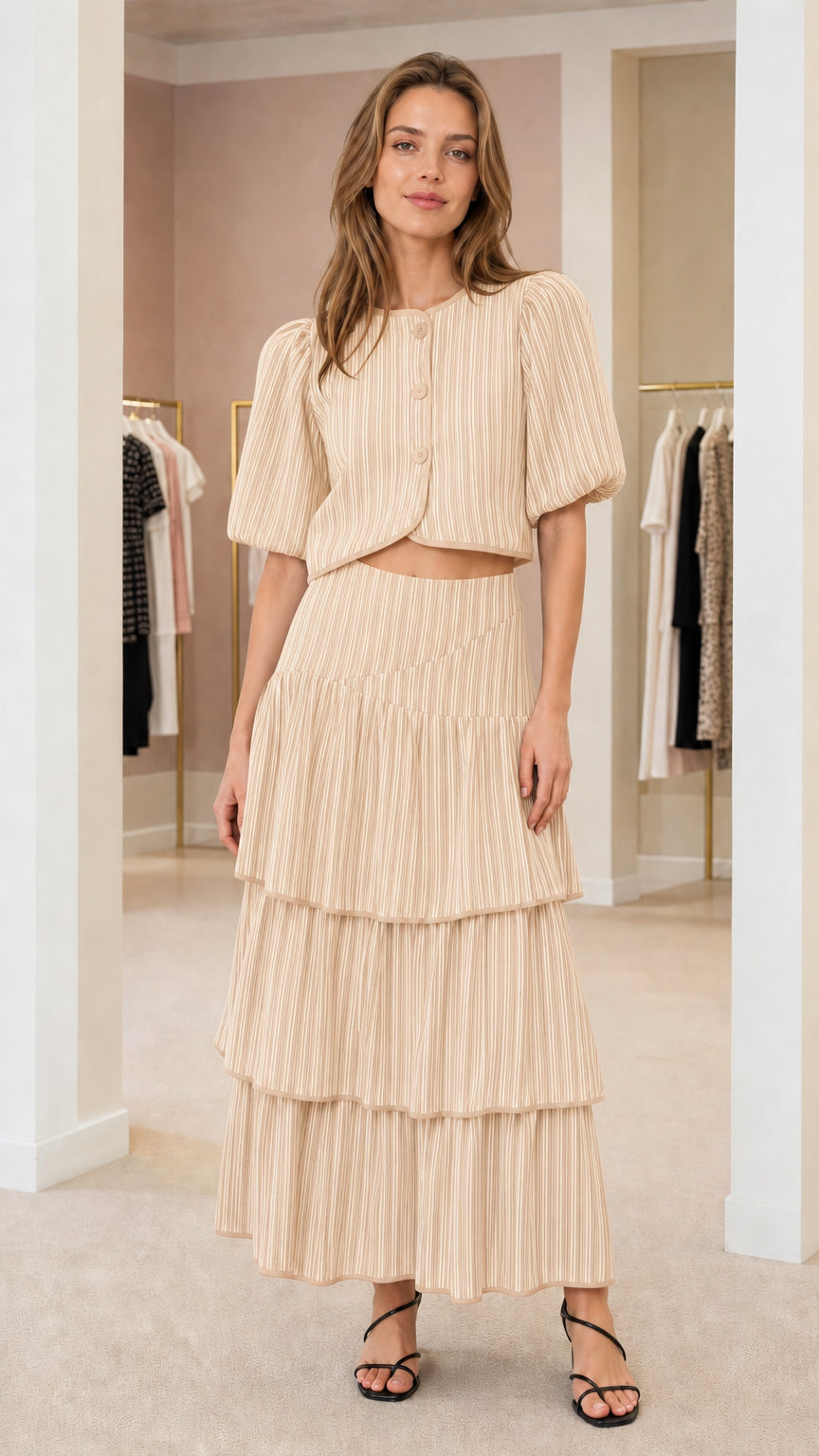 Front view of model wearing beige pinstripe matching set