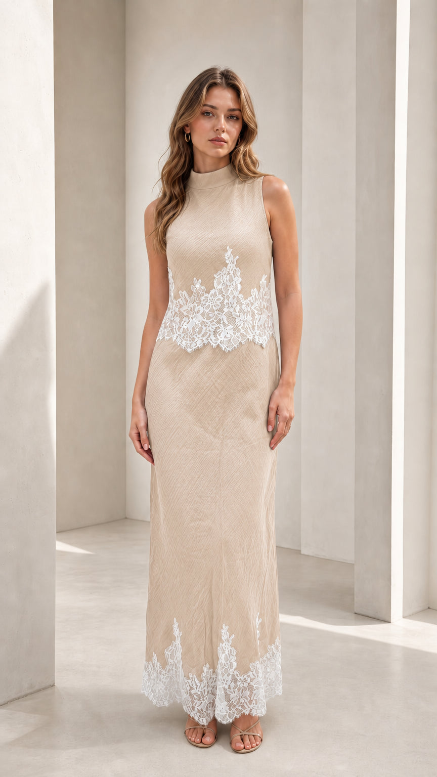 Model wearing beige mock neck lace trim maxi dress