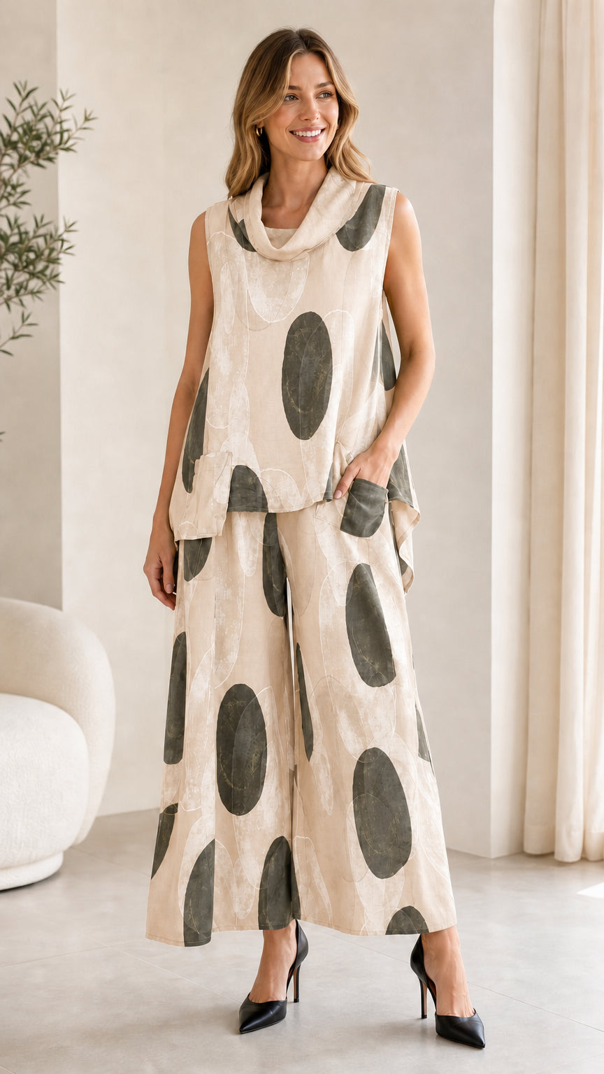 Front view of beige abstract print two-piece set on model
