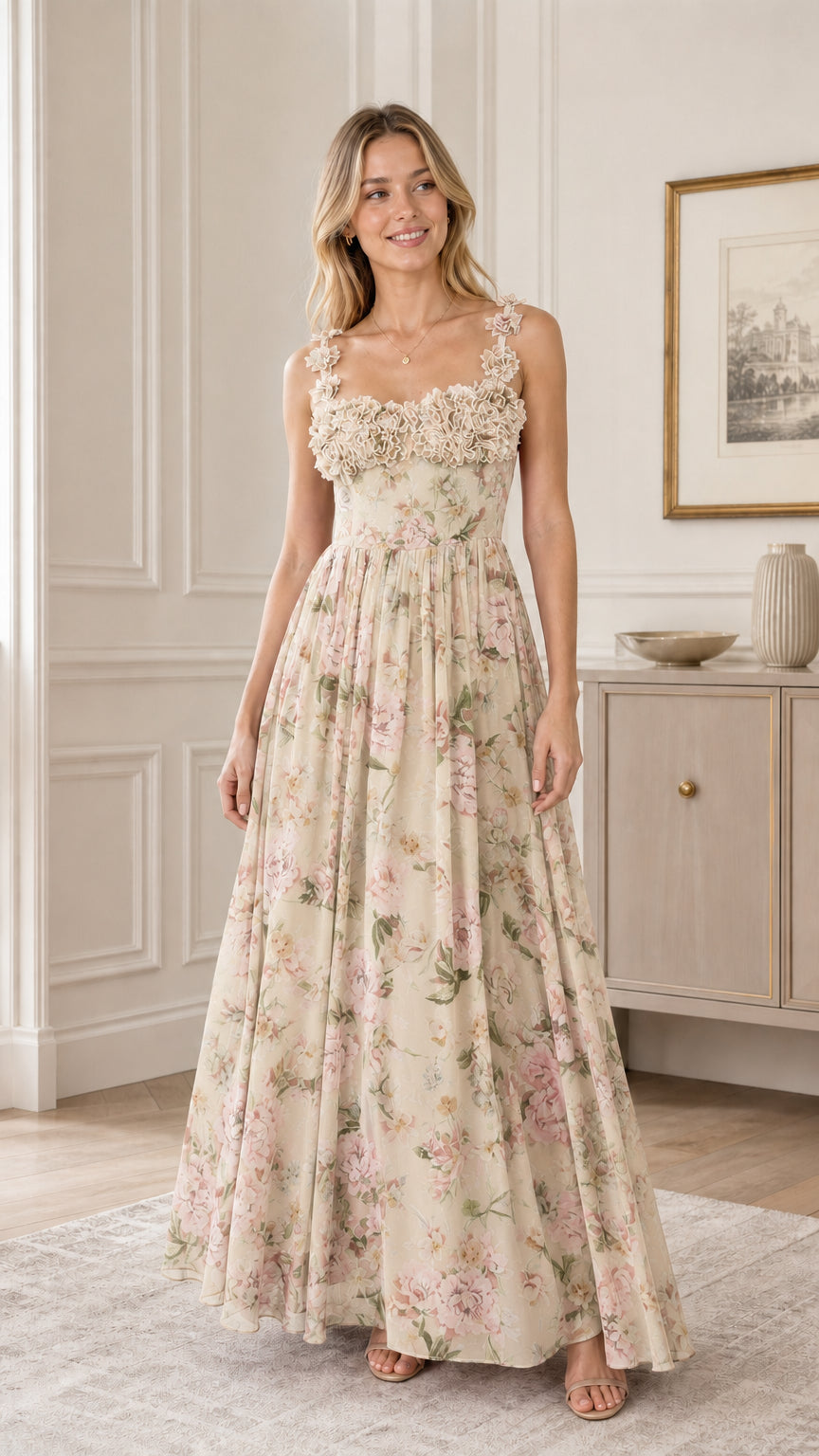 Floral Ruffle Applique Maxi Dress in Champagne
