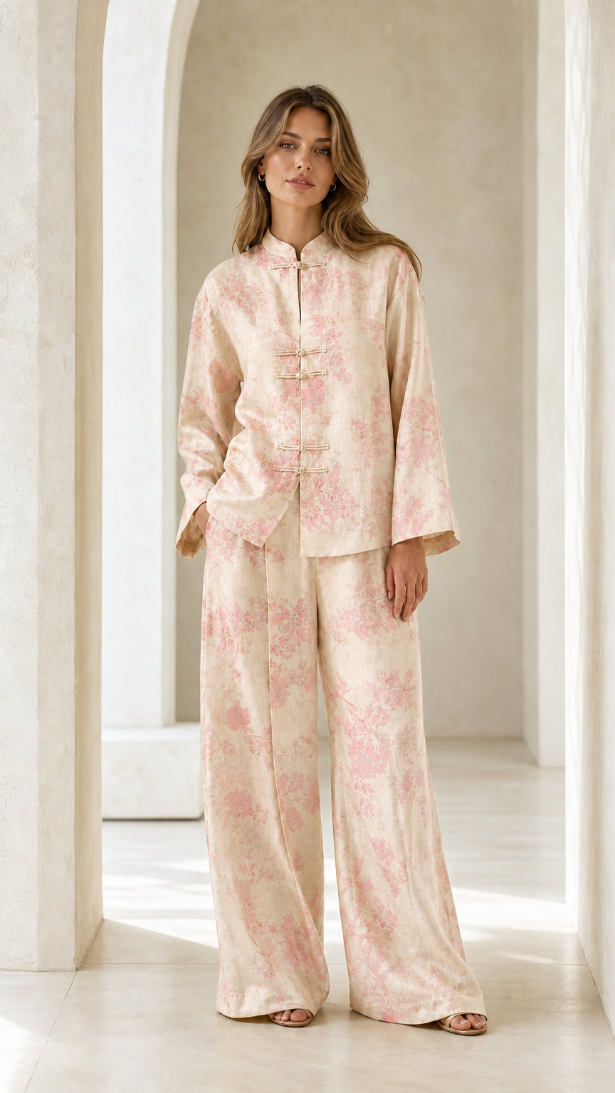 Front full view of woman wearing beige floral two-piece set