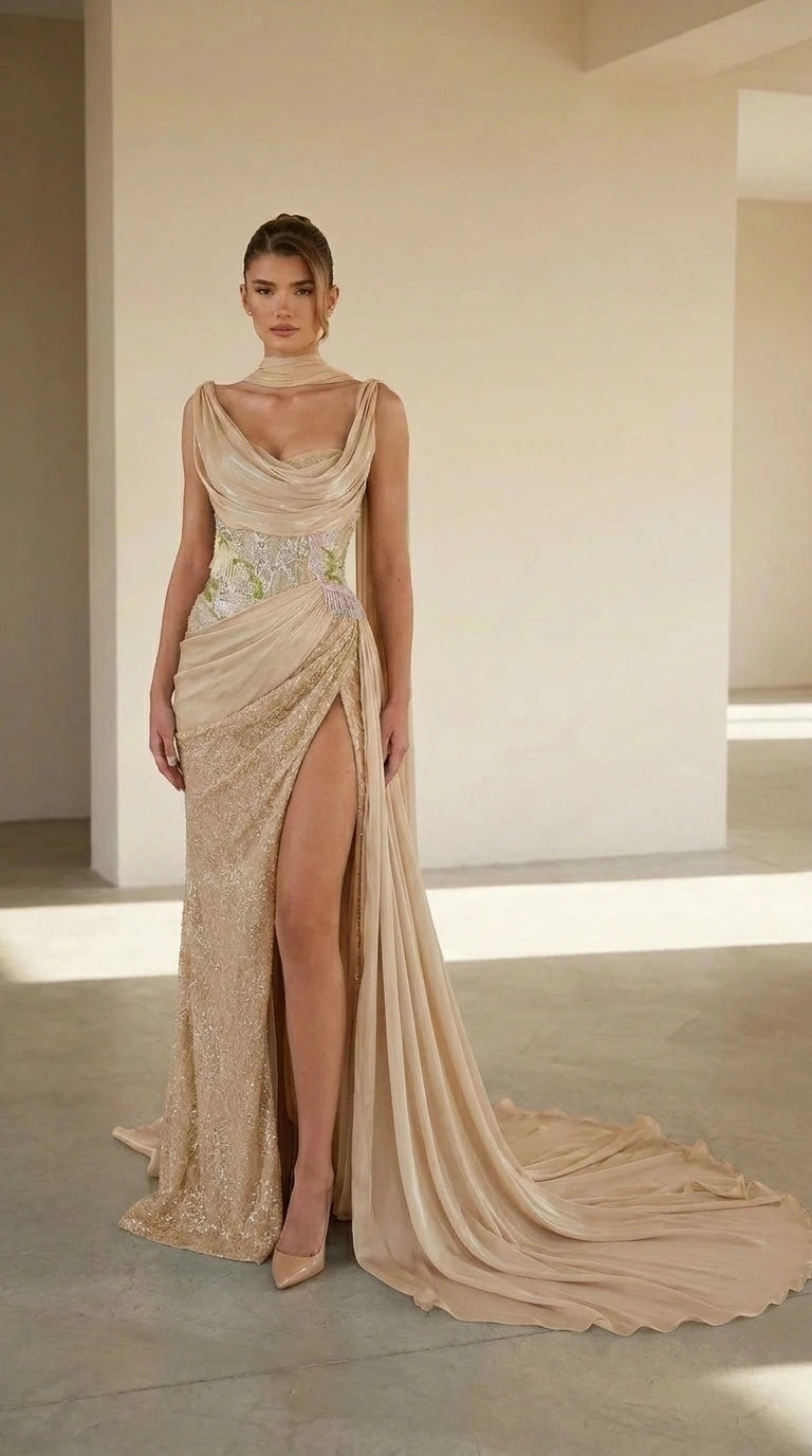 Front view of champagne formal gown with shimmering details