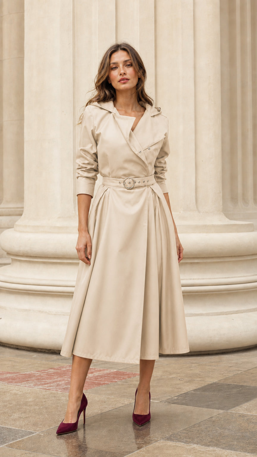 Front view of woman wearing beige hooded trench dress