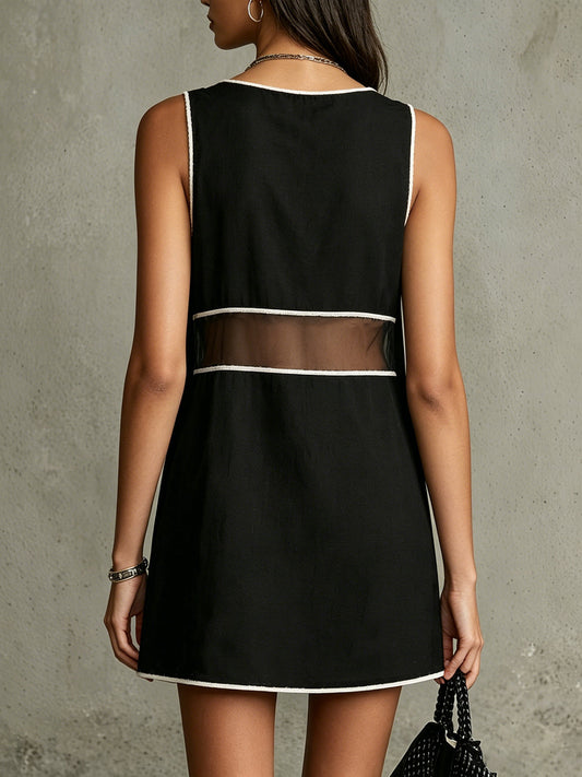 Black Sleeveless Embroidered Mesh Panel Mini Dress