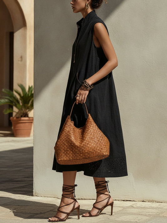 Black Zipper Sleeveless Linen Blend Midi Dress