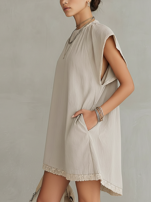 Light Gray Lace Trim Washed Cotton Patchwork Mini Dress