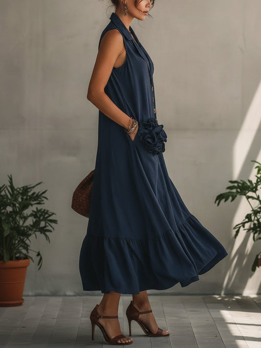 Navy Sleeveless Button Up Floral Maxi Dress