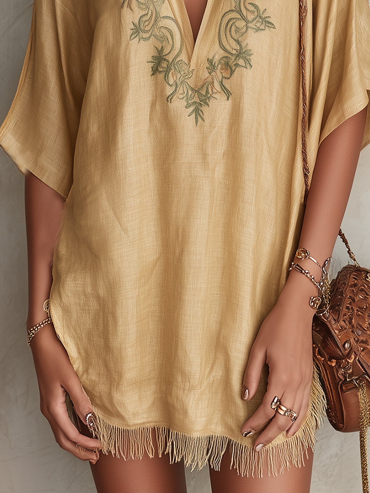 Beige Embroidered V-Neck Mini Dress With Fringe Hem