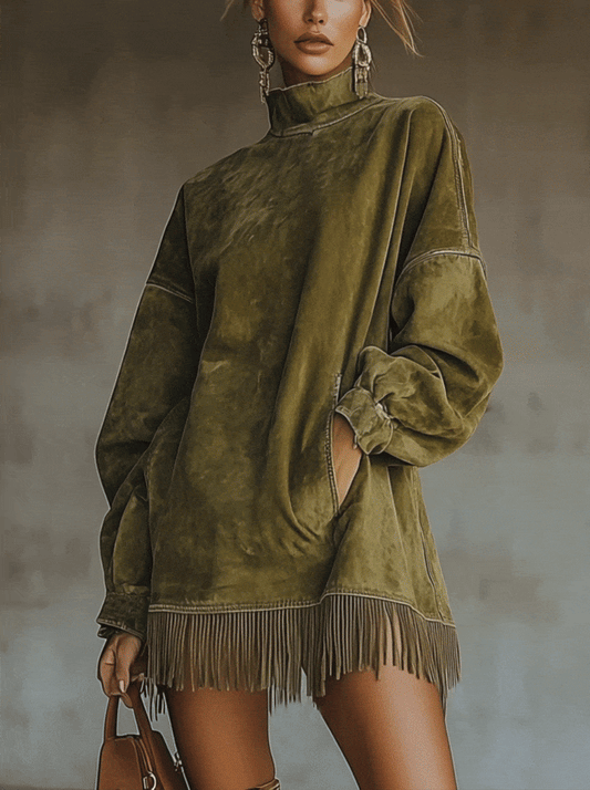 24-Hour-Shipping Olive Faux Suede Turtleneck Dress With Fringe Hem