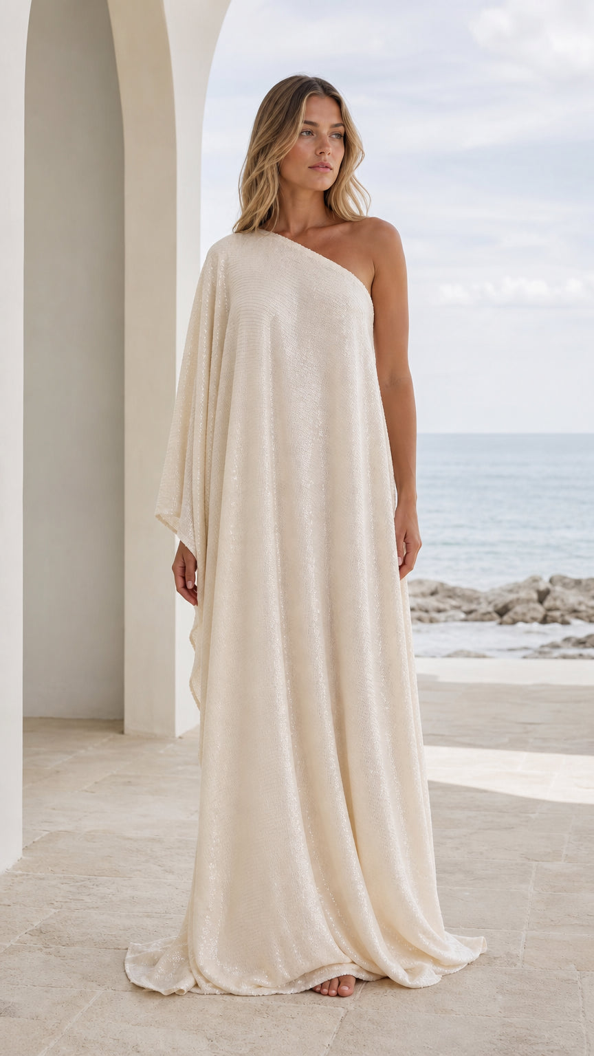Front view of woman wearing champagne one-shoulder draped maxi kaftan dress