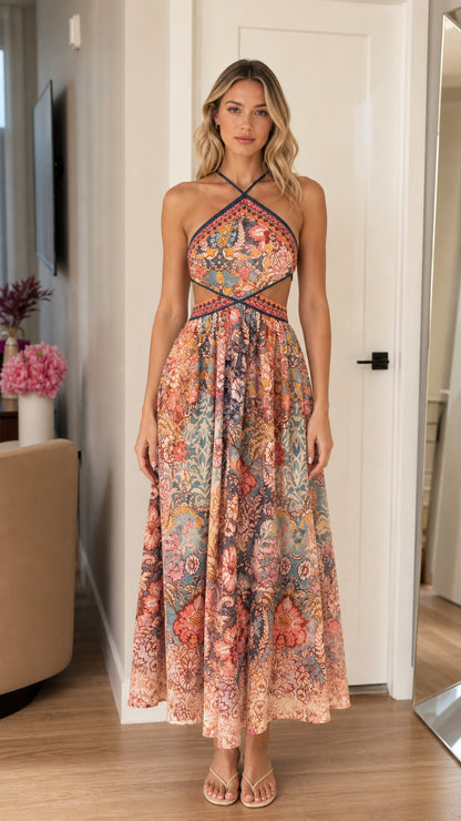 Front view of the boho halter neck cutout print maxi dress in multi