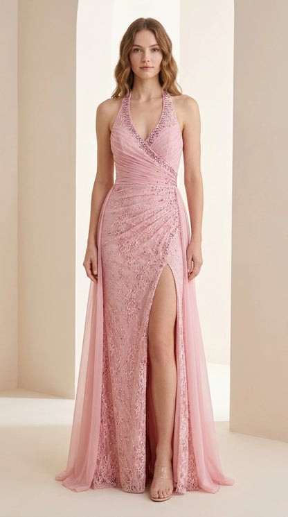 Front view of pink halter neck evening dress with leg slit