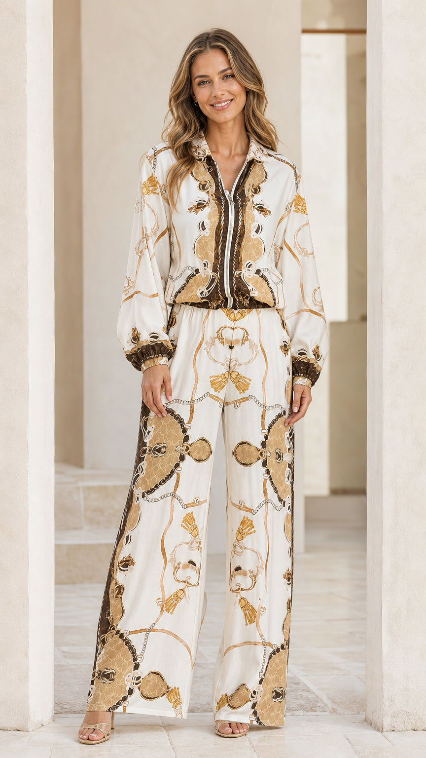 Front view of model wearing white barocco print two-piece set