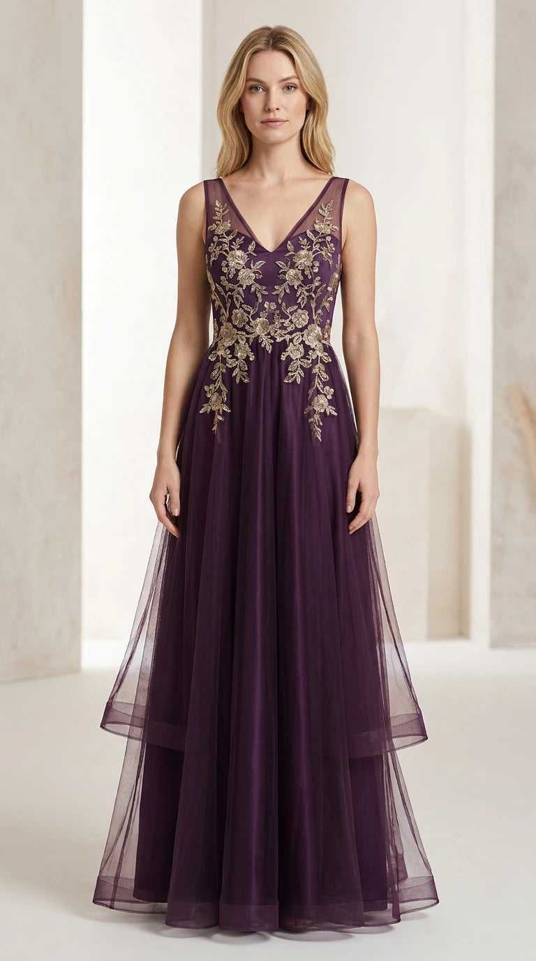 Front view of purple V-neck embroidered tulle evening gown