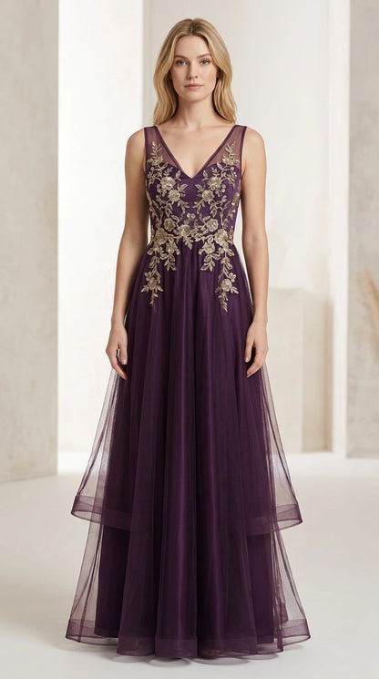 Front view of purple V-neck embroidered tulle evening gown