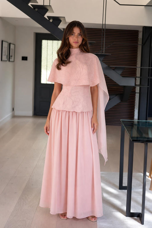 Elegance Cape Overlay Mock Neck Maxi Dress in Pink front view