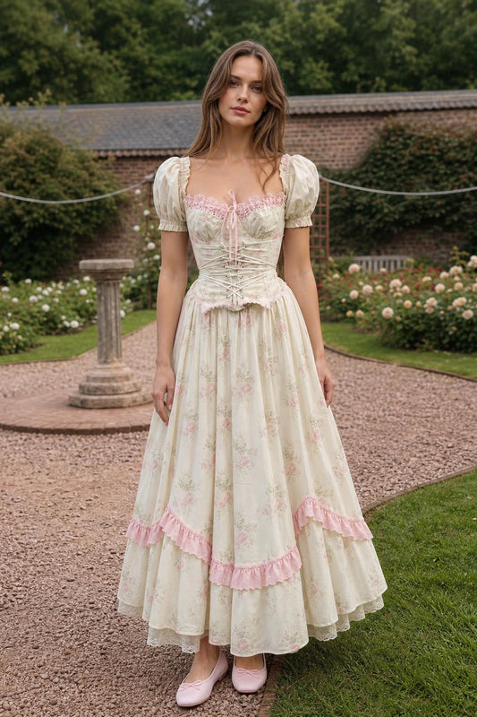 Full-length front view of cream floral corset maxi dress