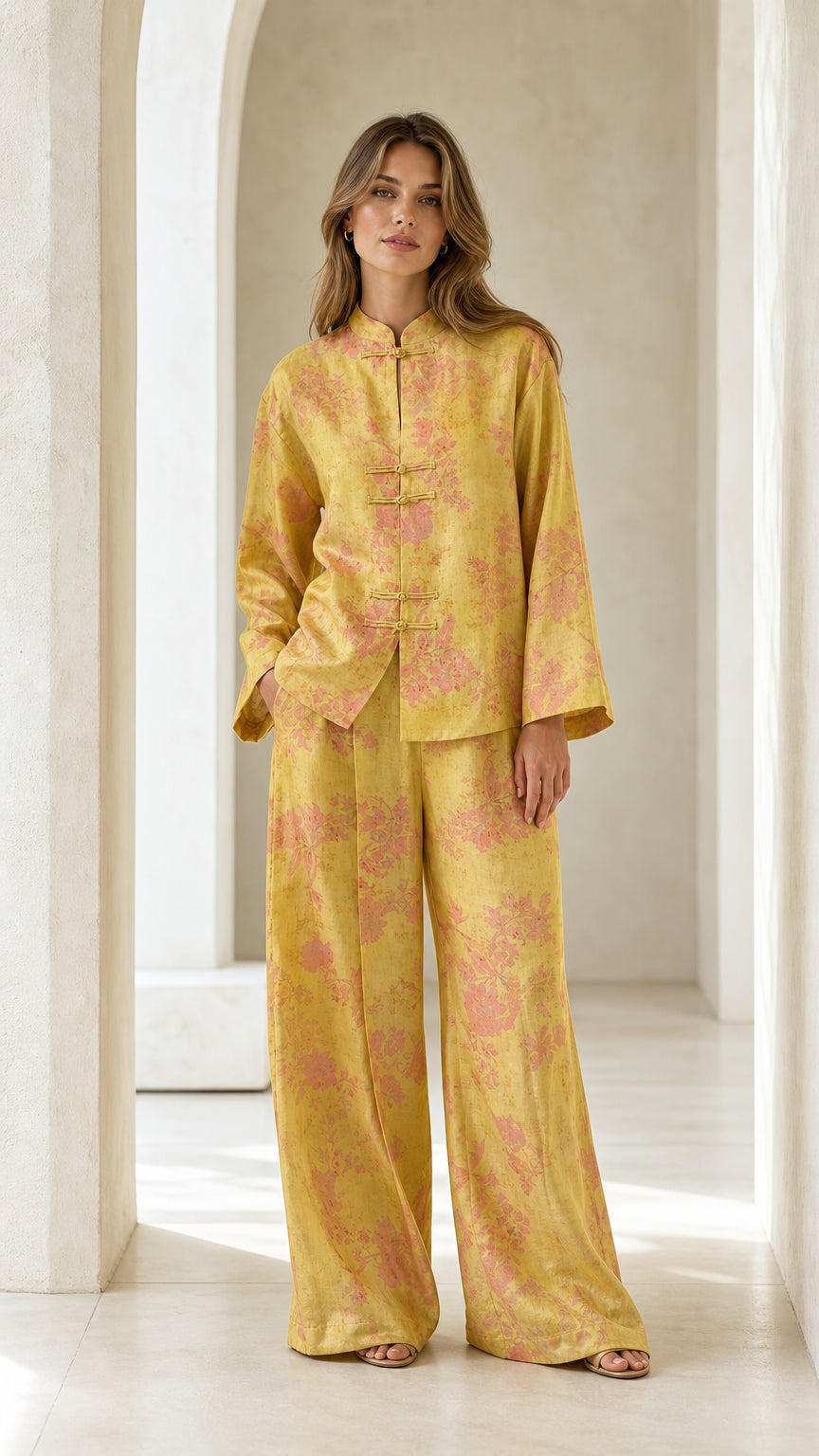 Front full view of woman wearing yellow floral Mandarin collar top and wide-leg pants