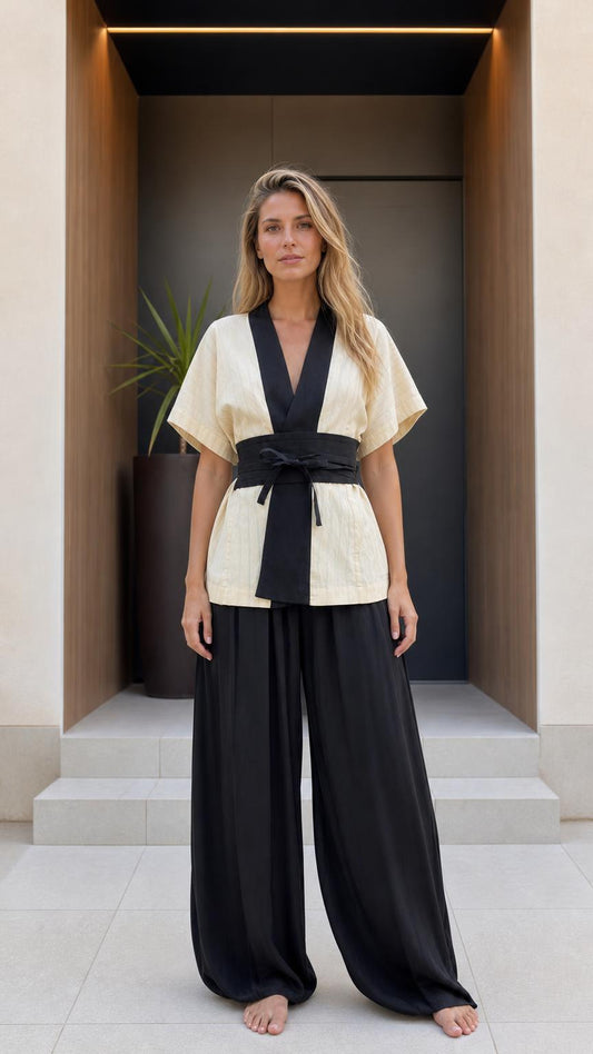 Front view of woman wearing beige kimono top and black wide-leg pants set