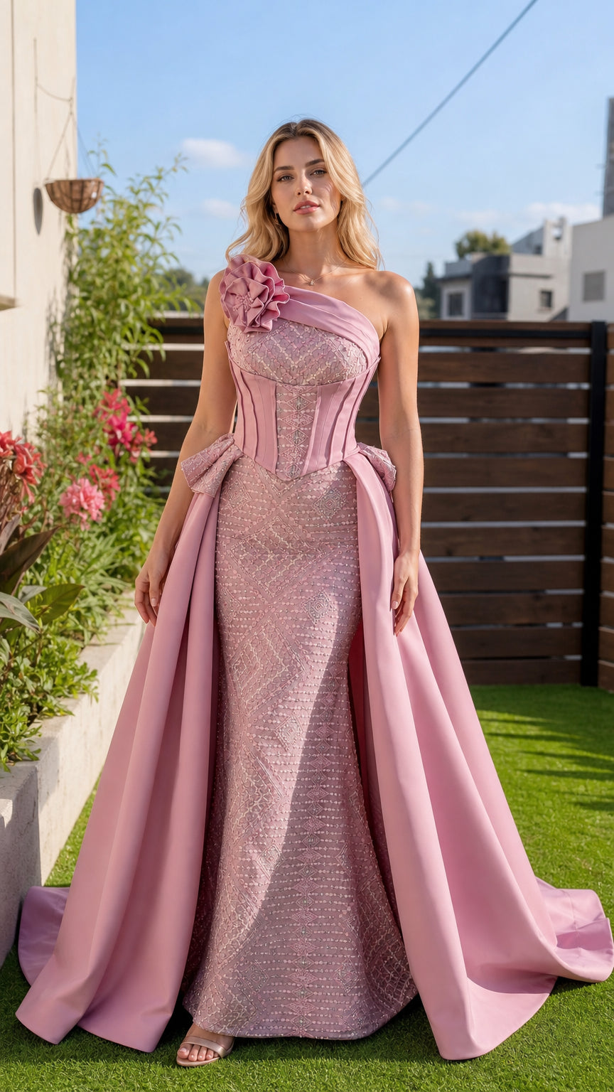 Front view of pink one-shoulder corset evening gown with over-skirt