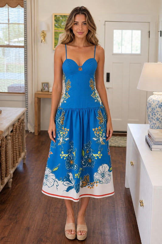 Floral Print Bustier Midi Dress in Blue front view