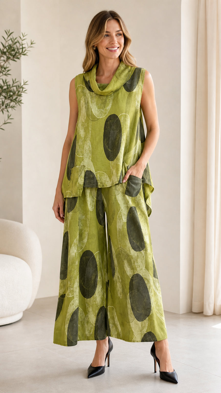 Front view of green abstract print two-piece set on model