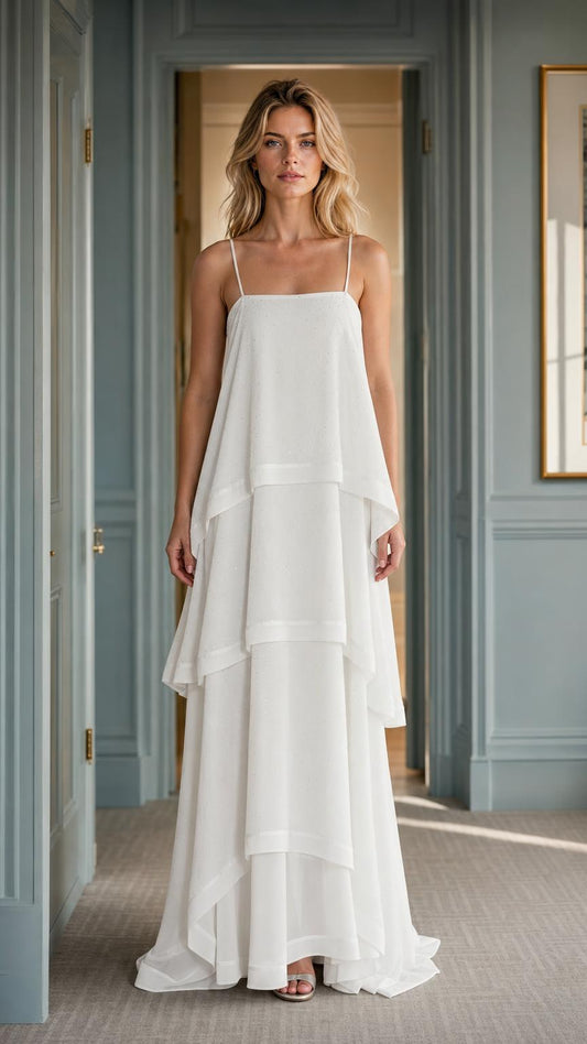 Front view of woman wearing white tiered maxi dress