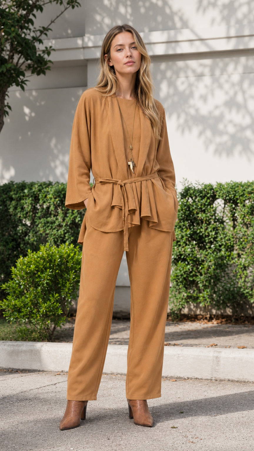 Woman wearing camel two-piece tunic and pants set from the front