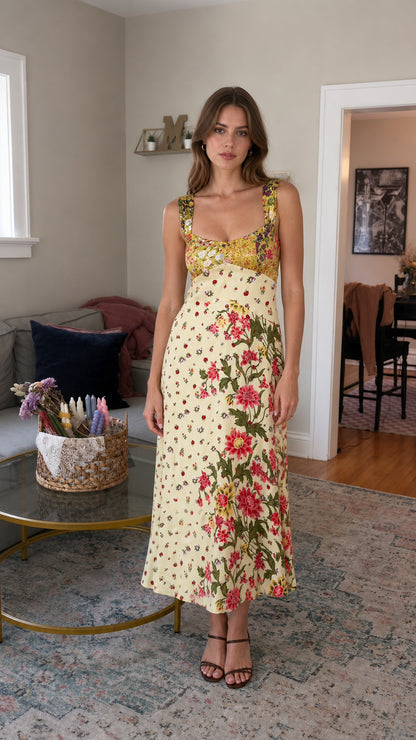 Front view of yellow floral patchwork midi dress on model