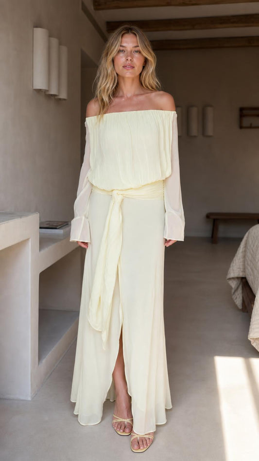 Front view of yellow off-the-shoulder chiffon maxi dress