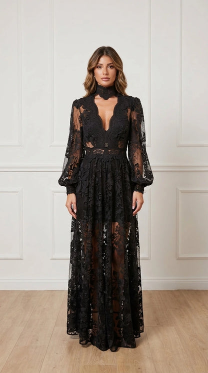 Front view of black sheer lace maxi dress