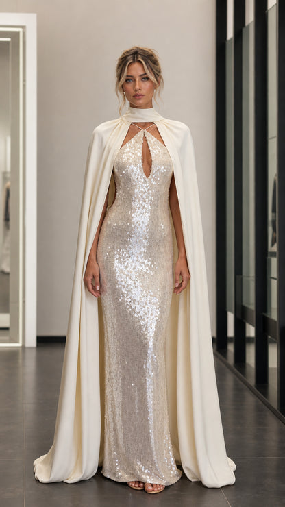 Front view of model wearing champagne sequin evening dress with attached cape