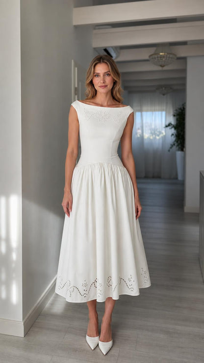 Front full view of woman wearing white boatneck midi dress
