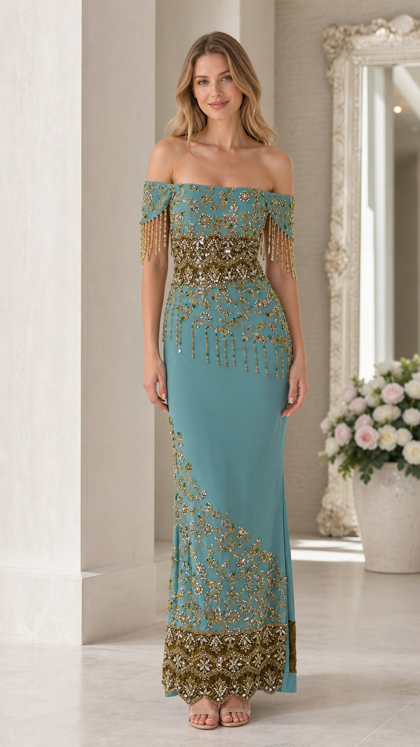 Front view of teal off-shoulder beaded formal evening dress