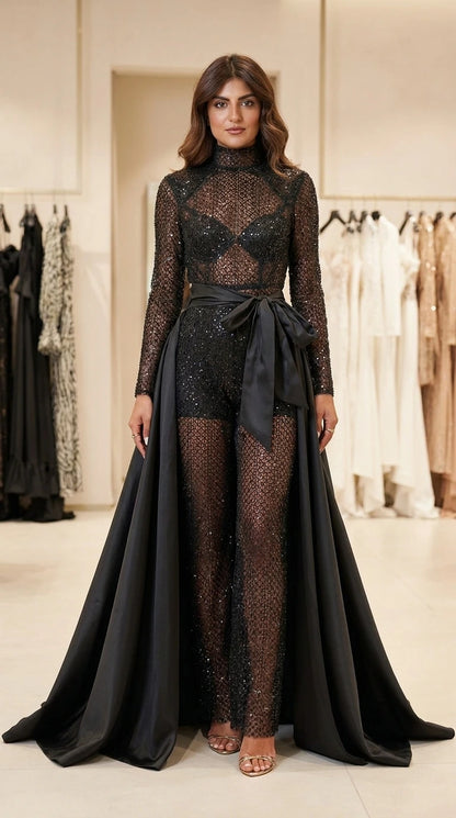 Front view of black sequin mesh jumpsuit with detachable overskirt and bow