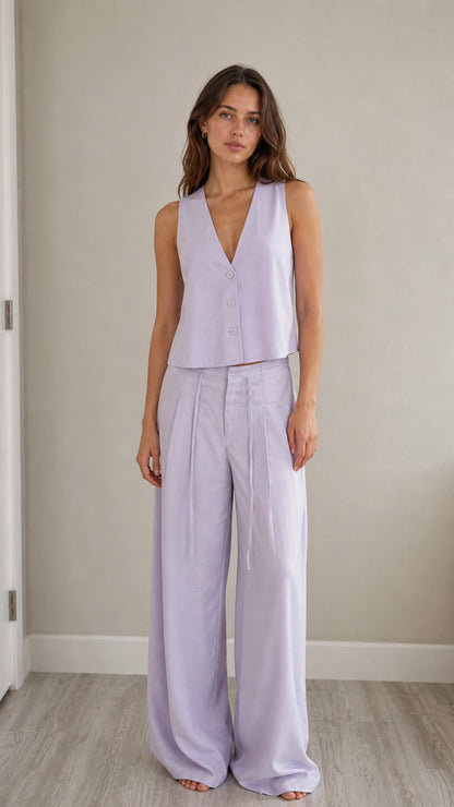 Front view of model wearing lavender sleeveless vest and wide-leg pants set