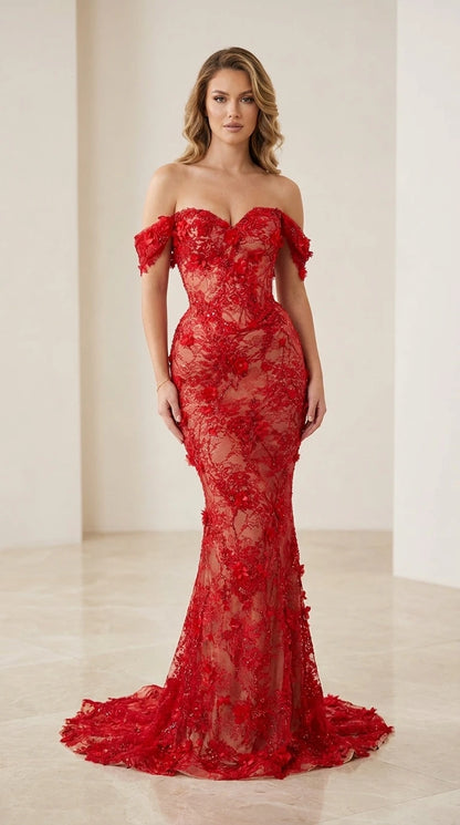 Front view of red off-the-shoulder floral applique mermaid evening gown