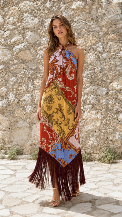Front view of model wearing Multicolor paisley halter fringe maxi dress
