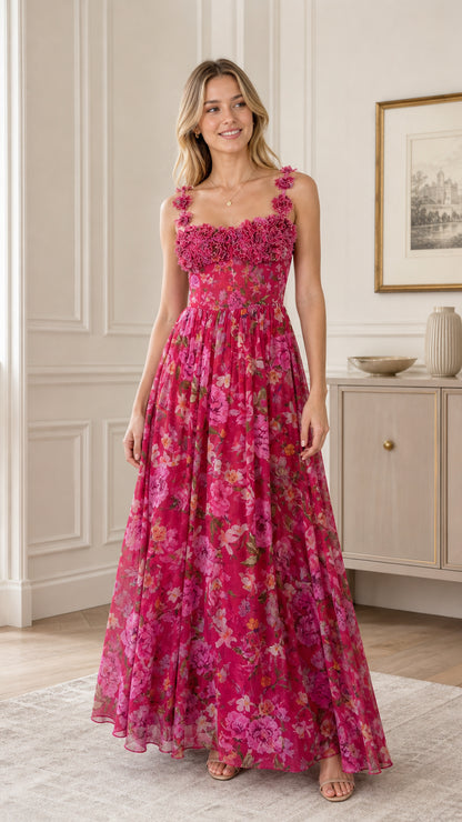 Floral Ruffle Applique Maxi Dress in Fuchsia front view