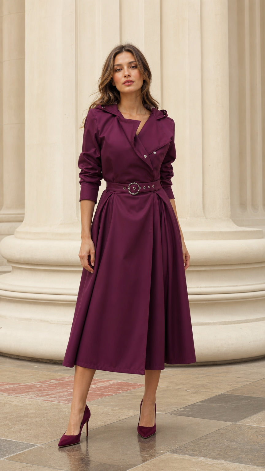 Front view of woman wearing plum hooded trench dress