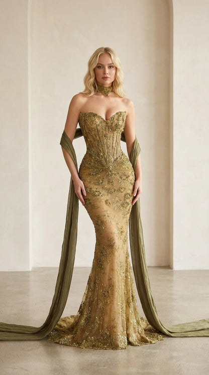 Front view of gold embellished strapless corset mermaid evening gown with draped scarf